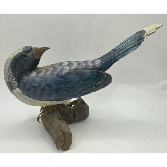 Vintage 8x5.5" Wooden Blue Bird Hand Carved Painted Glass Eyes Driftwood Branch